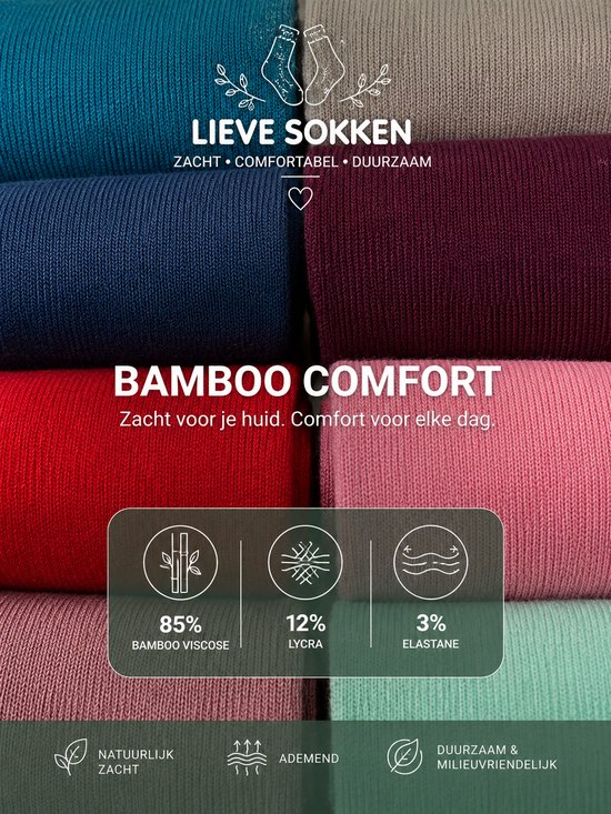 Stapel met stoffen van bamboe sokken in verschillende kleuren: petrol, marineblauw, bordeaux, rood, roze, lichtroze en mintgroen.