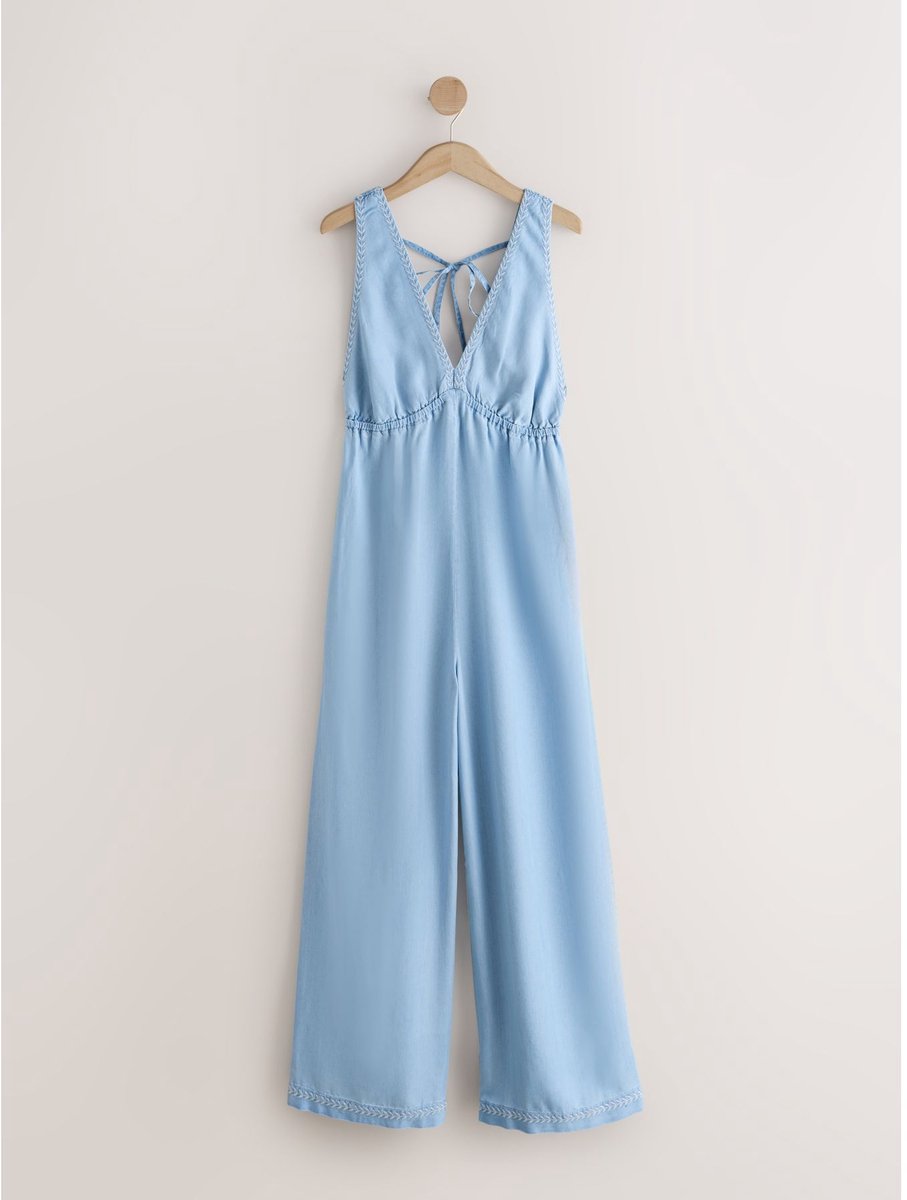 Next - Dames - Jumpsuit met V-hals en wijde pijpen van Tencel, petite - Petite - Blauw