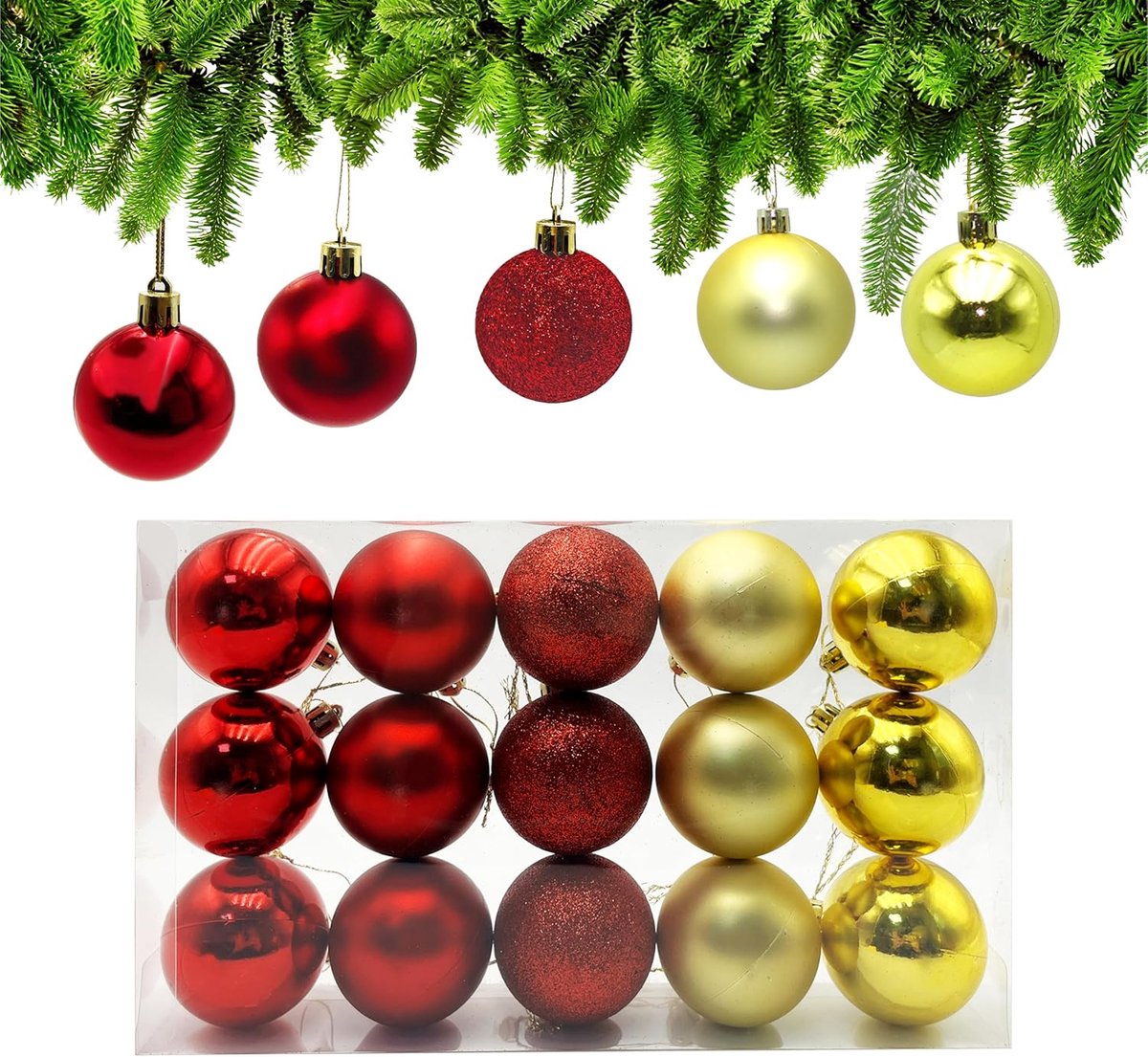 Kerstballen Goud en Rood Ø 6cm, Kerstbal Ornamenten, Kunststof Kerstballen, Kerstboom Versieringen Ballen, Hangende Kerstboomdecoratie Kerstversieringen voor Kerstfeest Vakantie Huis