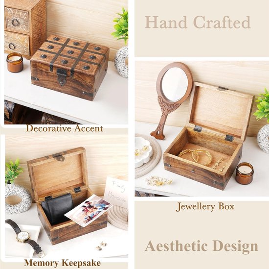 Handgemaakte Houten Schatkist - Decoratieve Sieraden- en Herinneringsdoos met Schelpenstroken, 8x6 Inch — afbeelding 2