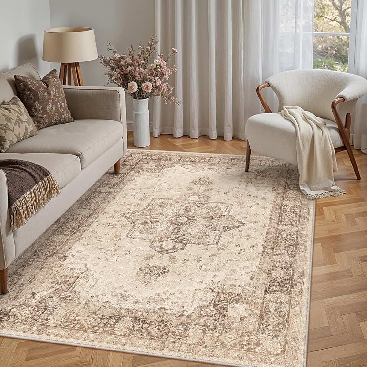 Vintage Woonkamer Vloerkleed 120x170cm Bruin Machinewasbaar Tapijt Antislip Carpet Kinderkamer Groot Vloerkleden Slaapkamer Eetkamer Kantoor Kortstondig Rug