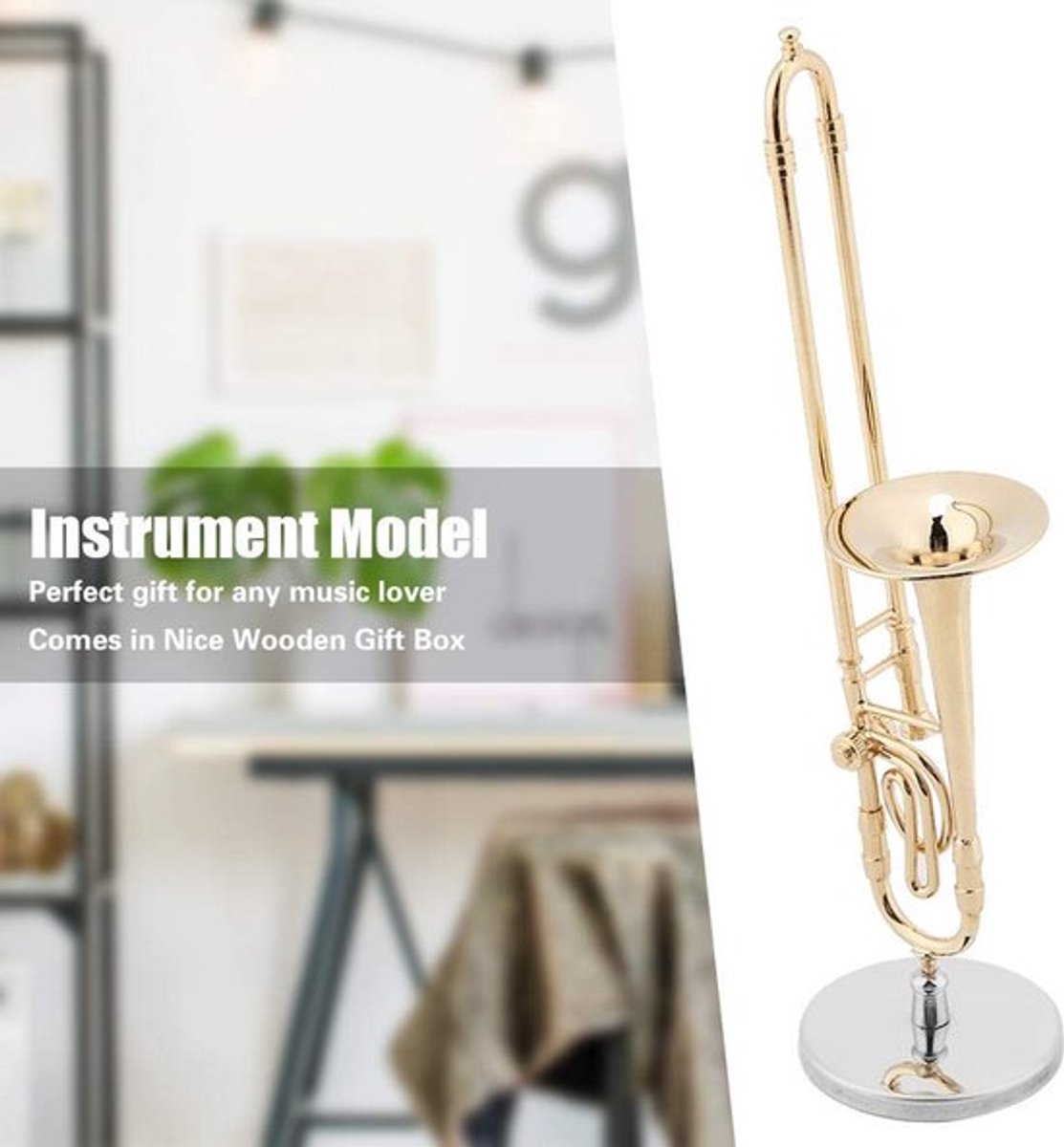 Miniatuurvergulde trombone, muzikaal ornament, cadeau voor kinderen
