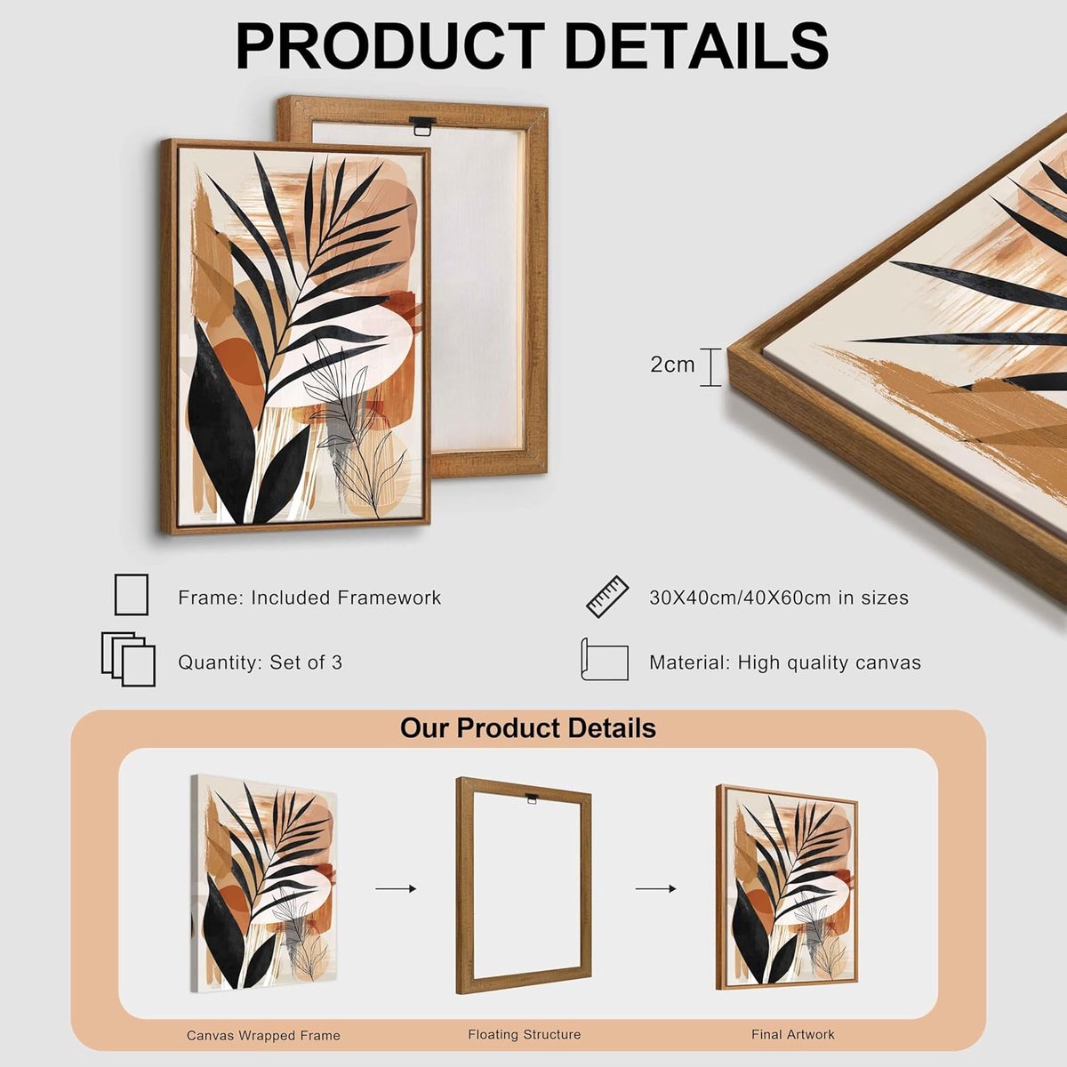 Set van 3 ingelijste doeken in boho-stijl met bruine botanische bladeren, minimalistische illustratie voor huisdecoratie voor slaapkamer, woonkamer, kantoor, 40 x 60 x 3 cm — cadeau in Wonen & Interieur - foto 5