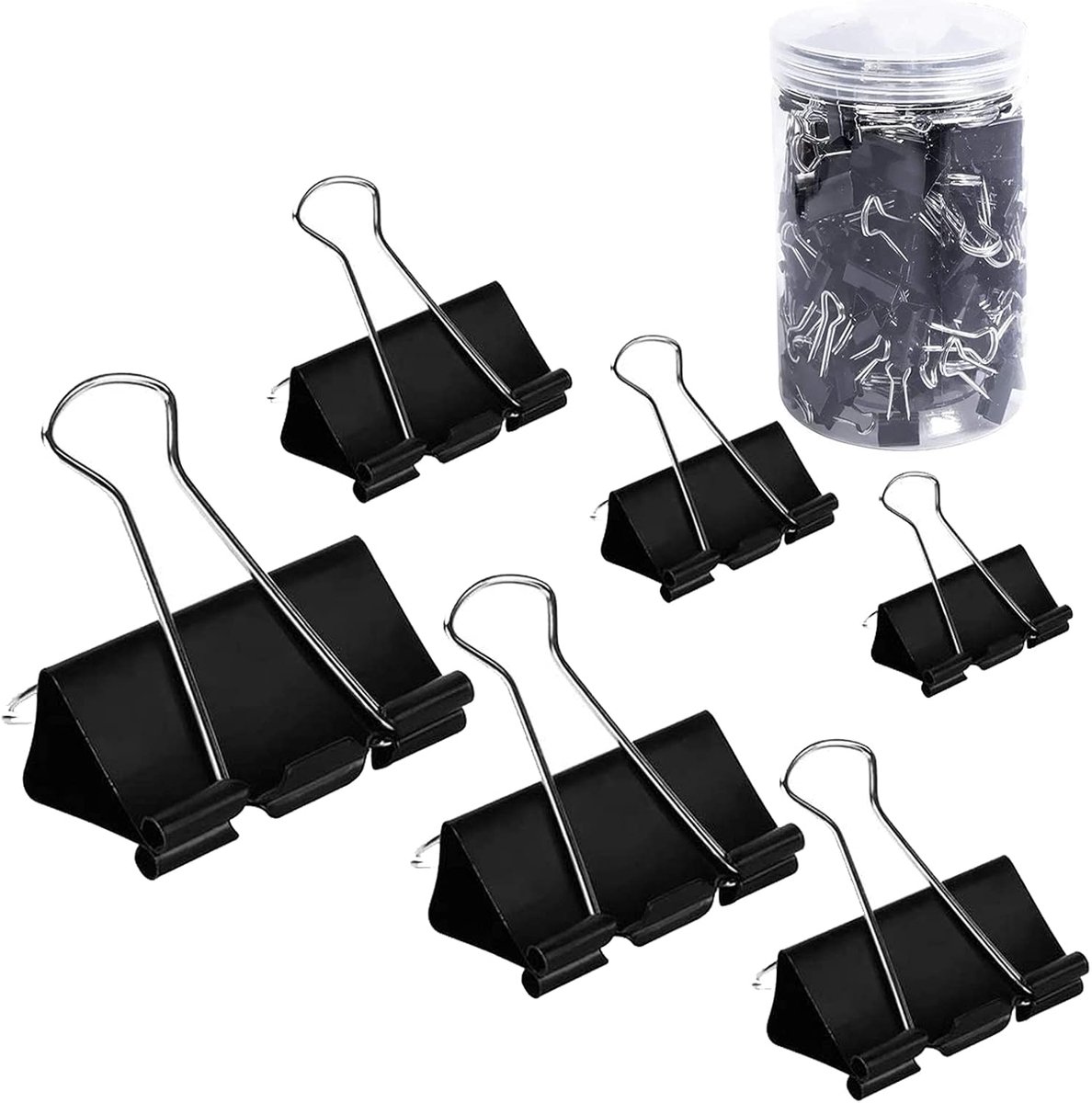 Clips Papierklemmen Verschillende Maten 200 Count (Zwart), Jumbo, Groot, Medium, Klein, Mini en Micro, 6 Maten met Doos voor Kantoor, School en Thuis
