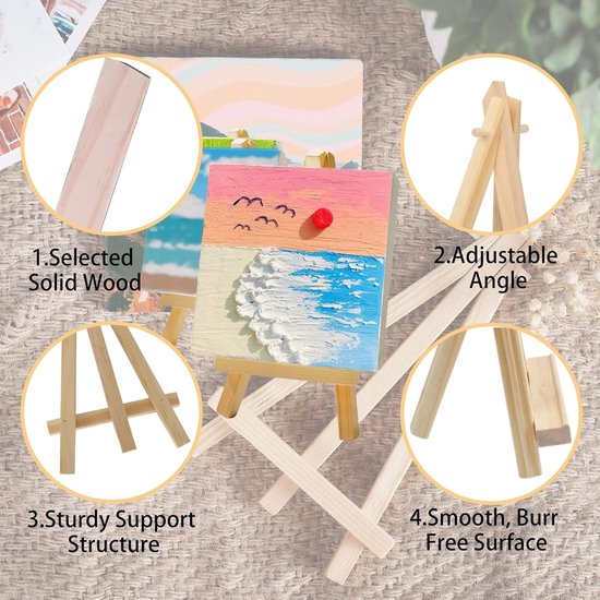 12 Stuks Mini Canvas met Schildersezel, voor Schilderen, Display, Fotoalbums en DIY Creaties, 10 x 10 CM Mini Canvas, 15 x 8 CM Houten Ezel, Opvouwbare Driehoekige Standaard — afbeelding 3