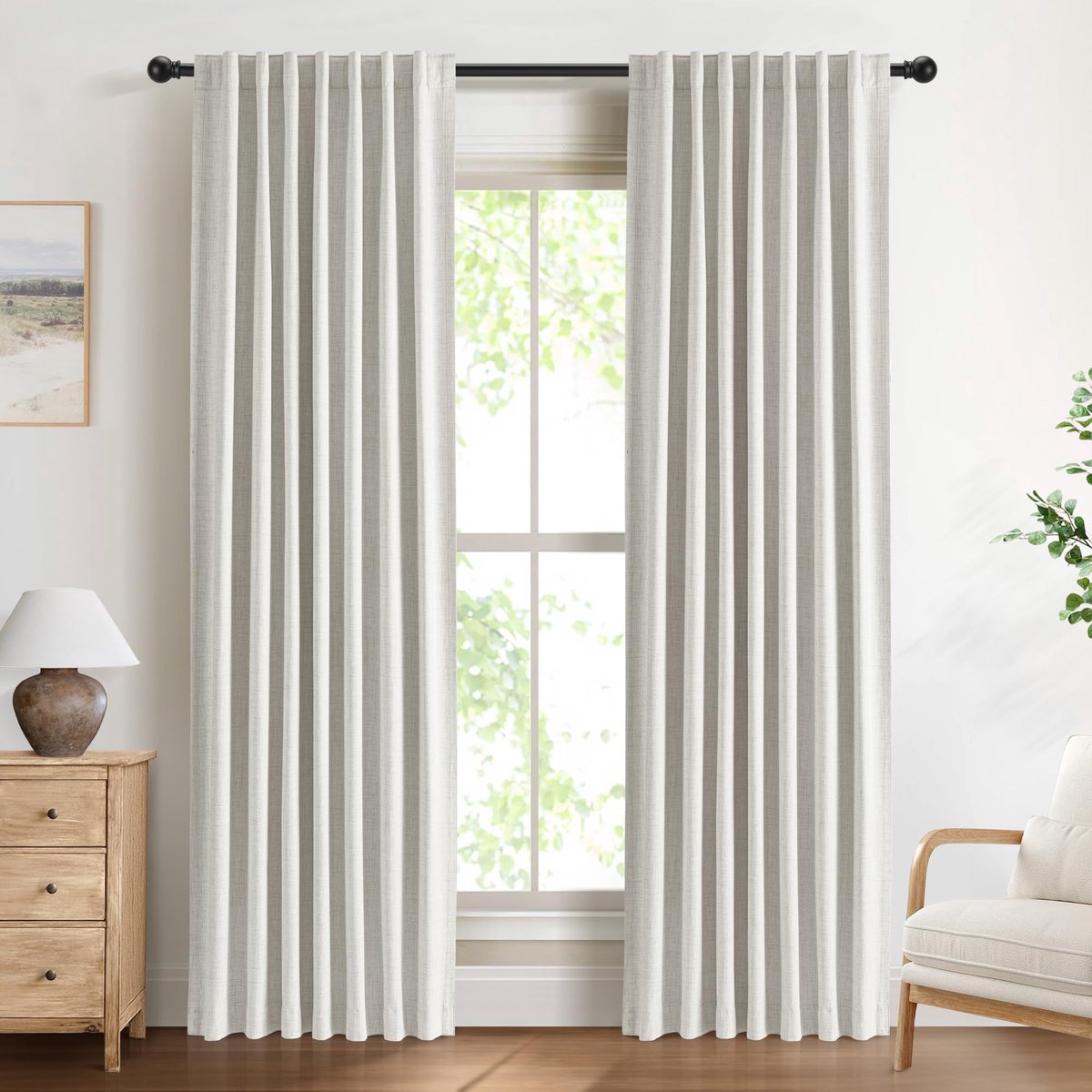 100% verduisteringsgordijnen met verborgen lussen, linnenlook, set van 2 ondoorzichtige gordijnen, stangdoorgang voor slaapkamer of woonkamer, 225 x 140 cm (h x b), beige