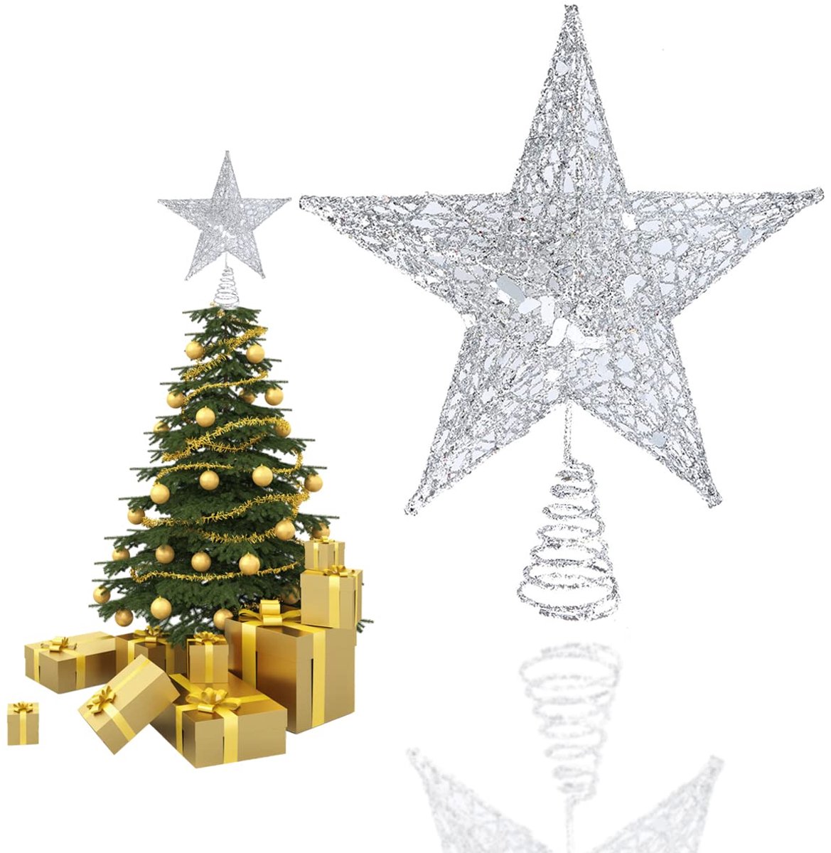 Kerstboompiek van zilver van metaal, 3D kerstboompiek zilveren ster | lichte dennenboompiek voor perfecte grip, 20 cm kerstdecoratie