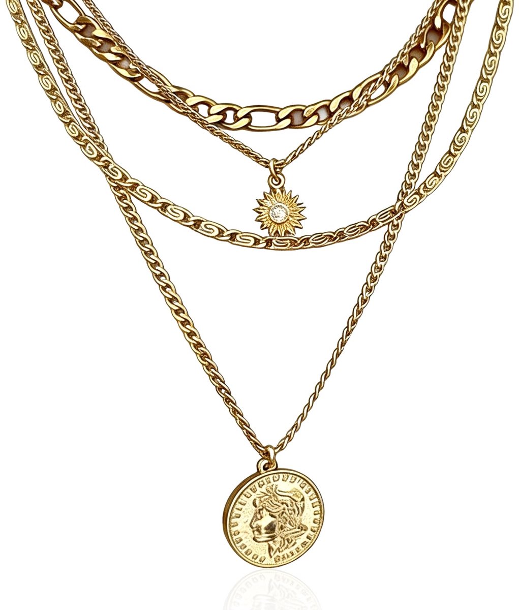 Schakelketting, halsketting, munt, zon, hanger, piratenketting, dames, mannen, vintage, sieraden, goud, chunky, ketting, carnaval, themafeest