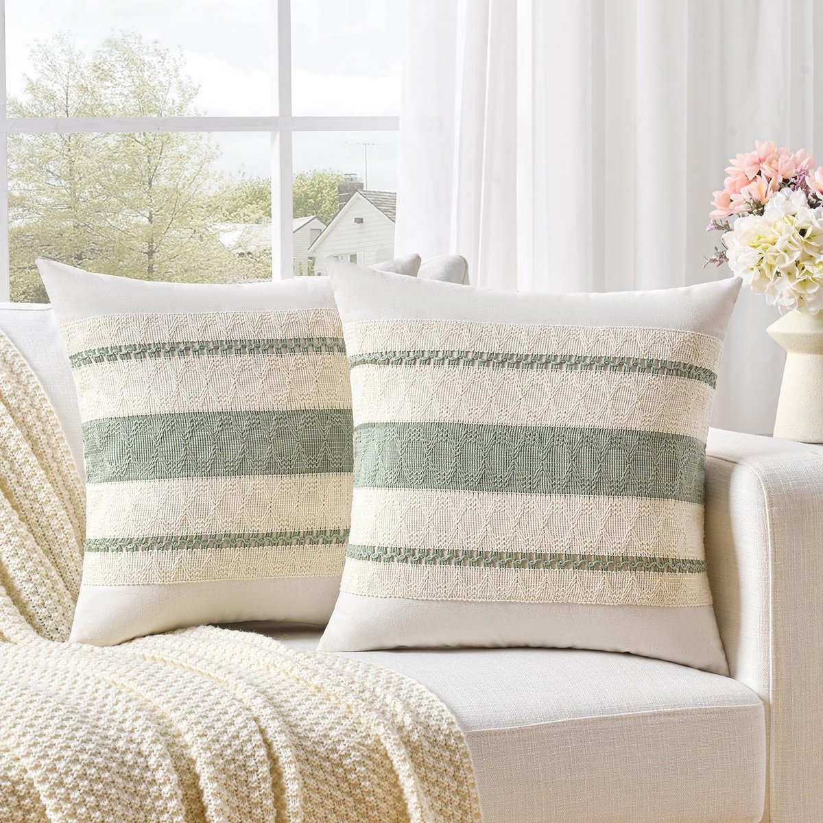 aus 2 Beige Grünen Boho Dekorativen Kissenbezügen 45x45 cm voor Wohnzimmer Schlafzimmer Couch Bett Sofa Sessel, Rustikal Retro Kissenhülle, Bohemian Raum Deko