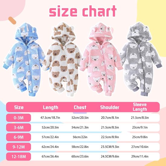 Fleece baby snowsuit met berenprint - warme winterbody met capuchon voor meisjes en jongens, 0-18 maanden van Merkloos — afbeelding 2