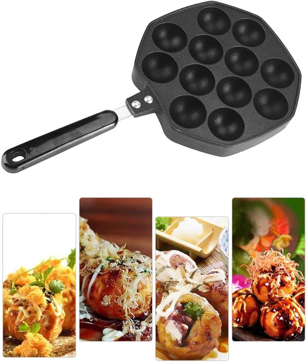Takoyaki Grill Pan - Octopus Bal Pan - Pannenkoek Ballen Maken - 12 Holtes Antiaanbaklaag - 36 Centimeter Diameter - Zwart