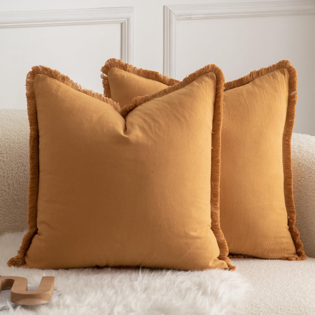 Mandioo Set van 2 neutrale katoenen kussenhoezen met kwastjes 45 x 45 cm decoratieve kussenhoezen sierkussens boho bankkussens kussensloop voor bank sofa slaapkamer woonkamer woondecoratie oranje