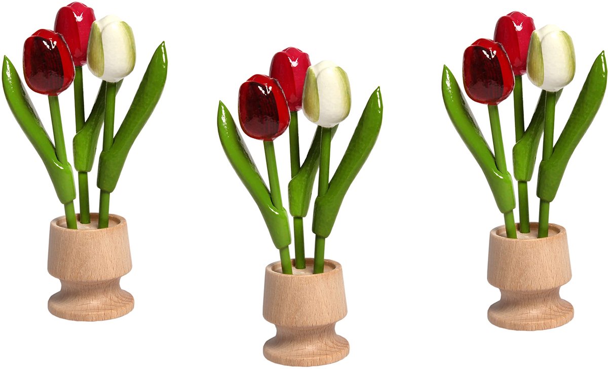 houten tulpen, bloemen, decoratie, kunstbloemen, 3x3 tulpen, 15,5 cm, handbeschilderd, tafeldecoratie, rood/wit