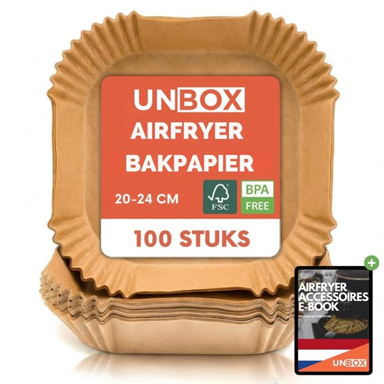 UNBOX Airfryer Bakpapier - Airfryer Accessoires - Bakpapier Airfryer - Airfryer Bakjes - Airfryer Bakpapier Vierkant voor Heteluchtfriteuse XL & XXL - 20-24 cm - 100 stuks