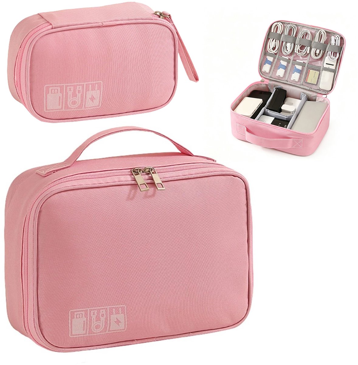 2 Delige Elektronica Organizer Set – Grote en Kleine Kabel Organizer Tas – Reis Opbergtas voor Opladers, Kabels, Powerbanks, USB Accessoires en Elektronische Apparaten – Roze