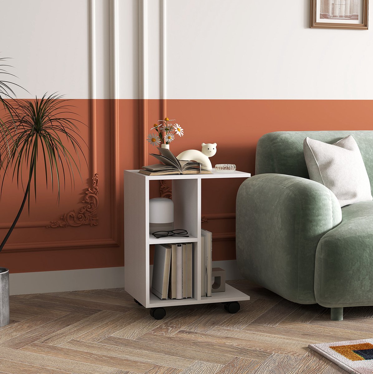 MEUNIQ bijzettafel in C-vorm 45 x 35 x 58 cm met wielen en open opbergvakken, verplaatsbare salontafel of banktafel voor woonkamer en slaapkamer, wit