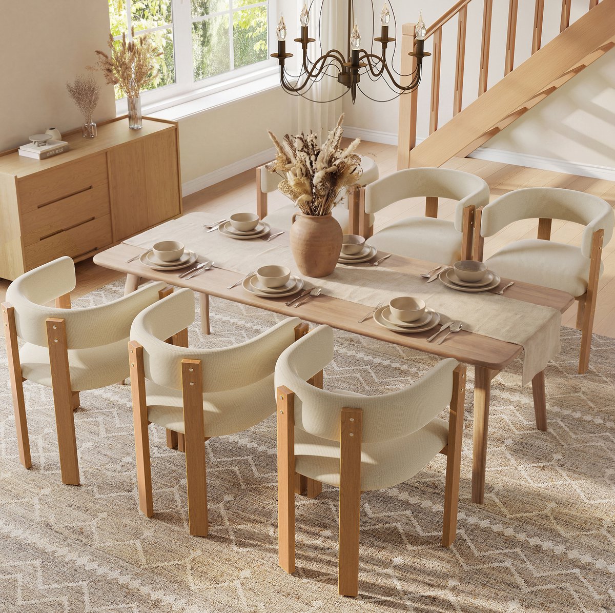 DESMIU Eetkamerstoel - 47 x 48 x 72,5 Cm - Set Van 6 Met Armleuningen En Dikke Vulling - Voor Eetkamer En Woonkamer - Stof Beige