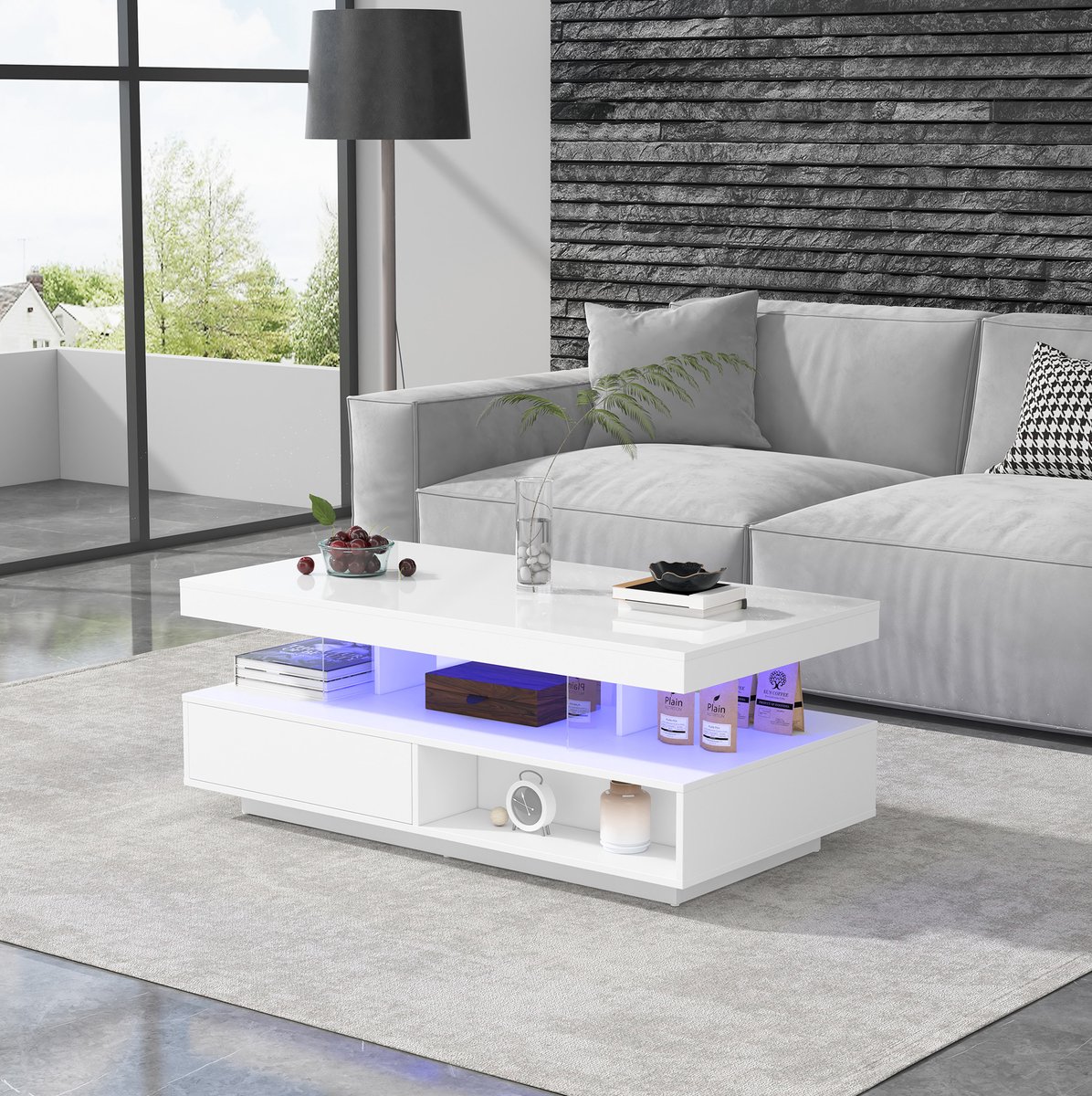 HAUSS SPOLE Salontafel - Hoogglans Met 4 Glasinzetten En 2 Lades - Voor Woonkamer Met Open Vakken - Spaanplaat - 95x50x42,5 Cm - Wit