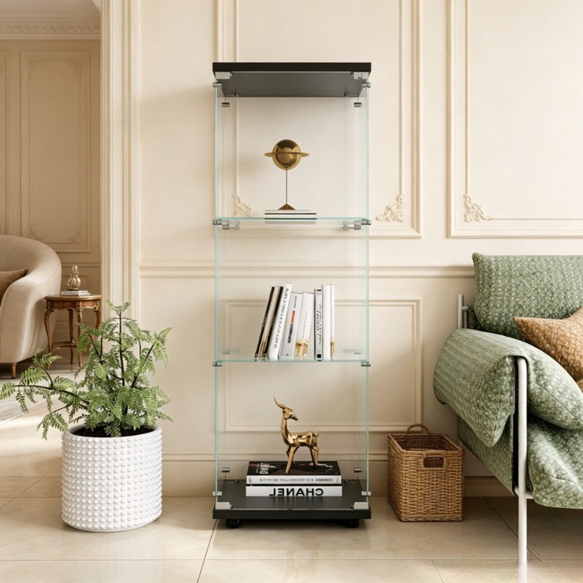 Vitrinekast met deur 42x36x125 cm, glazen kast 3 niveaus, displaykast, opbergkast voor woonkamer, zwart