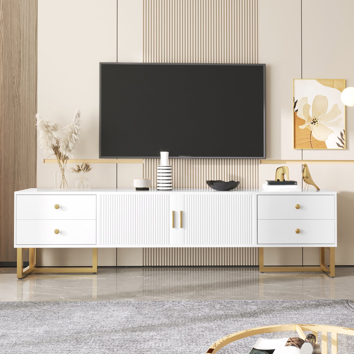 HAUSS SPOLE Dressoir - Tv Meubel Met 4 Lades, 2 Deuren En Gouden Grepen - Modern Voor Woonkamer - MDF - 175x30x46 Cm - Wit