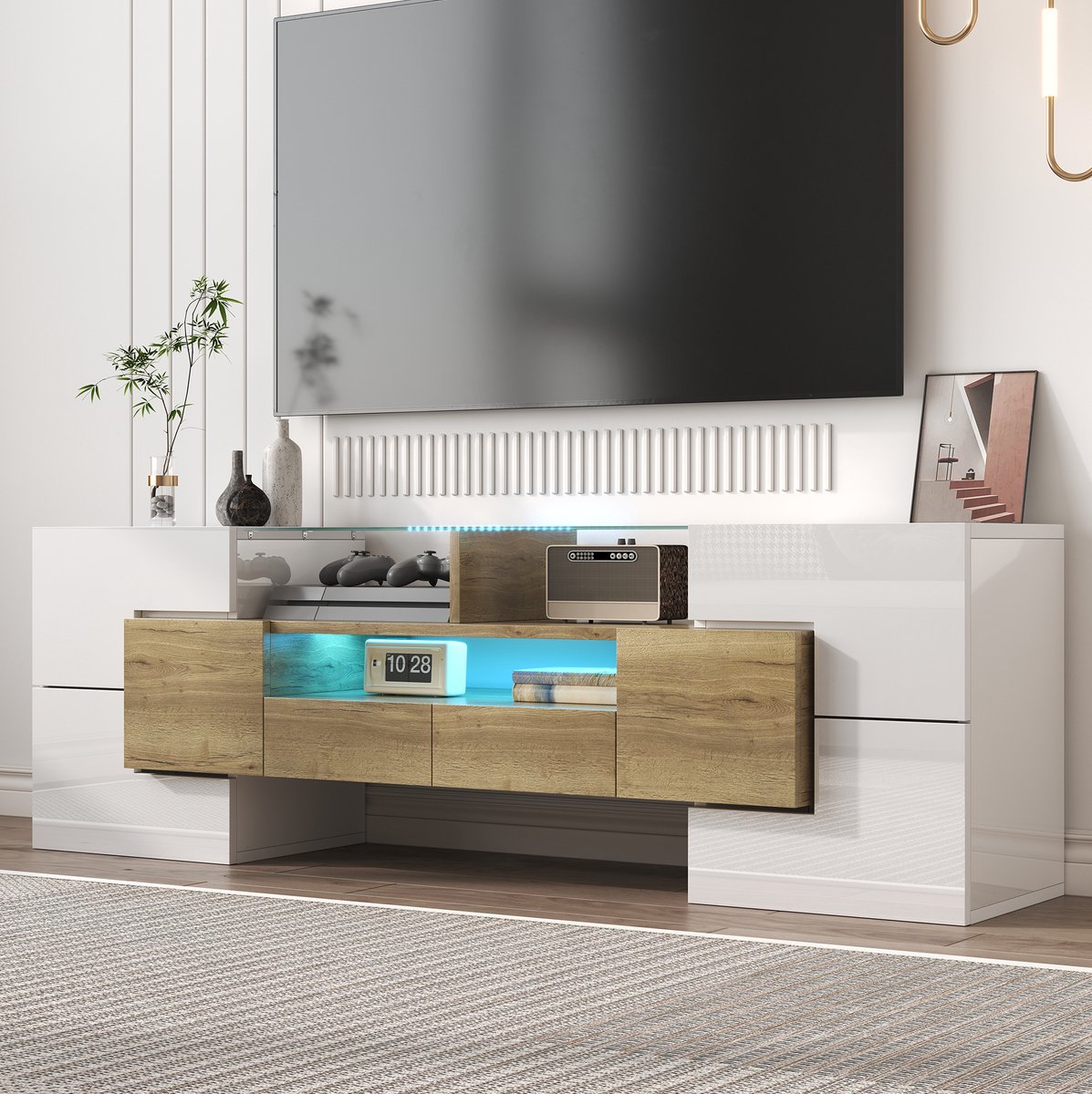 HAUSS SPOLE Dressoir - Hoogglans Televisiemeubel Met Ledverlichting En Opbergruimte - Voor Woonkamer - MDF - 145x30x51 Cm - Wit En Houtkleur