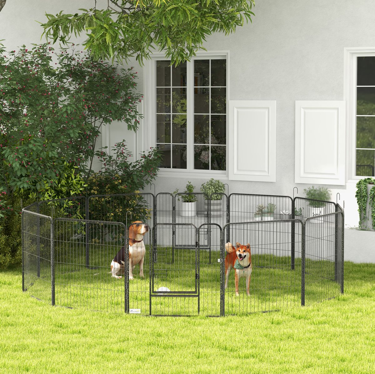 MIVRAY Puppyren - 12-Delig 80 cm Hoog met 2 Deuren - Staal - Grijs - Opvouwbaar en Vrij Indeelbaar voor Binnen en Buiten