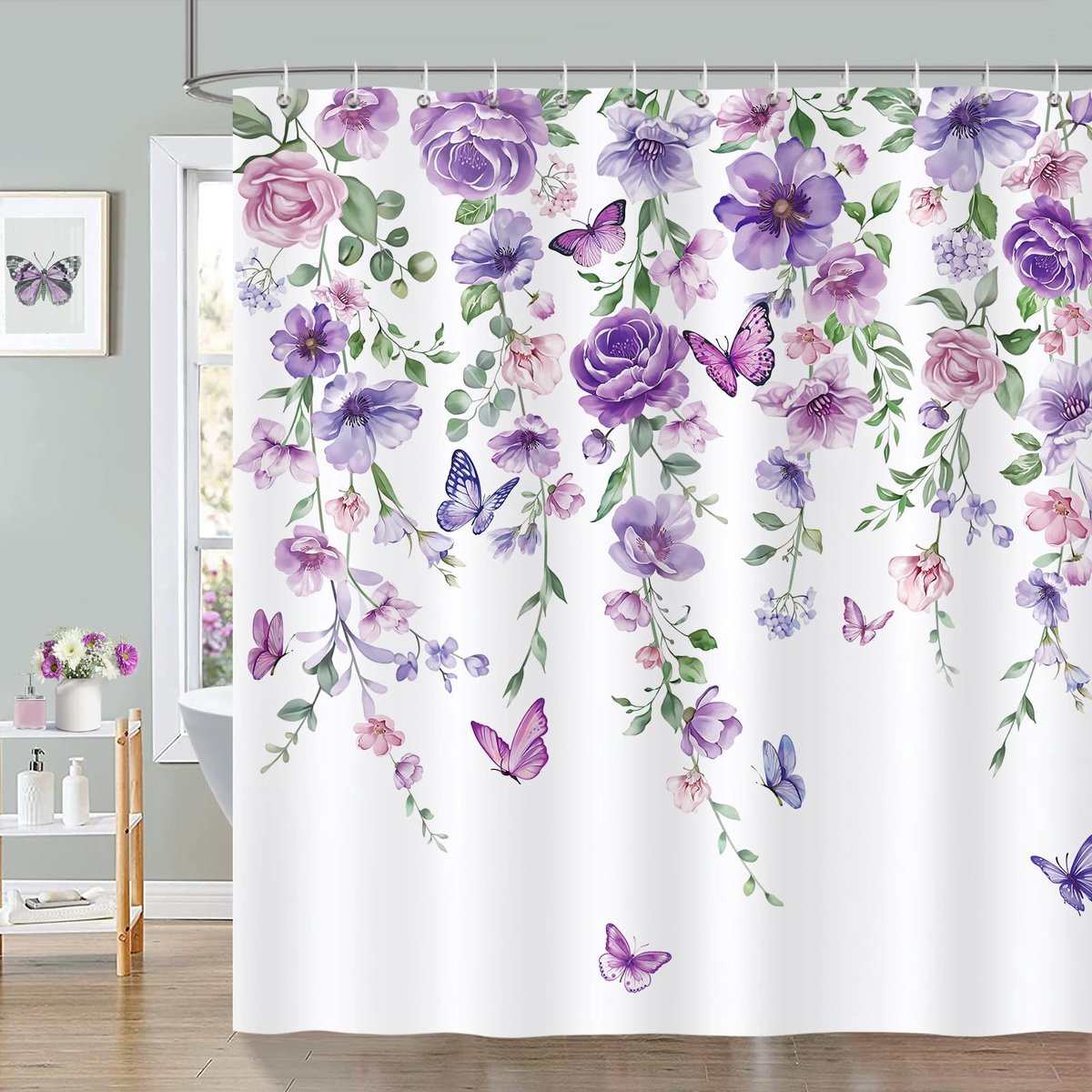 Bonhause Douchegordijn, bloemen, bladeren, paars, planten, vlinders, polyester, waterdicht, anti-schimmel, wasbaar, badgordijnen, 180 x 180 cm, met 12 haken