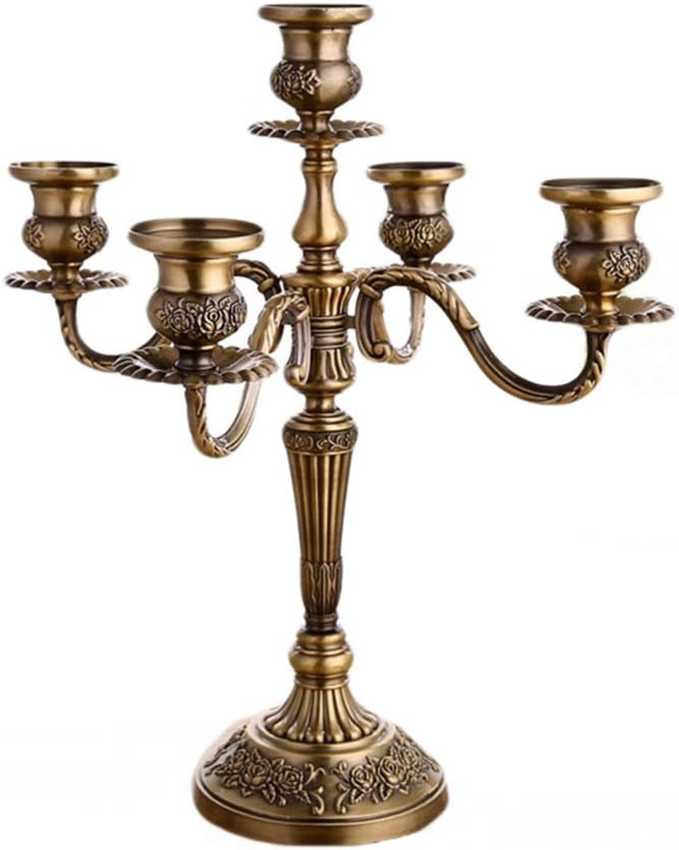 Jelly 5-armige kandelaar van brons, 32 cm metalen legering vintage kandelaar prachtige reliëfkandelaar voor pilaarkaarsen bruiloftsdecoratie kaarsenkom tafeldecoratie