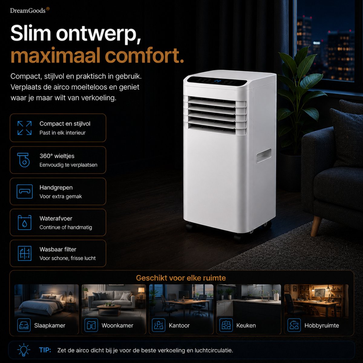 DreamGoods Mobiele Airco - 7000 BTU - 3-IN-1 Airconditioner met Afvoerslang - Verkoelen, Ventileren & Ontvochtigen - Complete Airco Set met Raamafdichtingskit — afbeelding 9