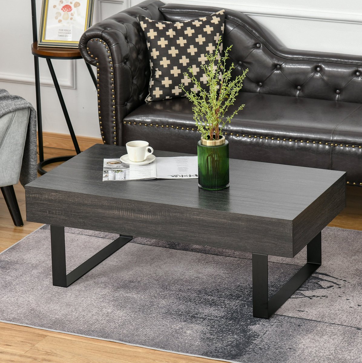 MEUNIQ salontafel 110 x 60 x 40 cm met lade en open opbergruimte, rechthoekige koffietafel voor woonkamer of kantoor, donkergrijs met zwart metalen frame