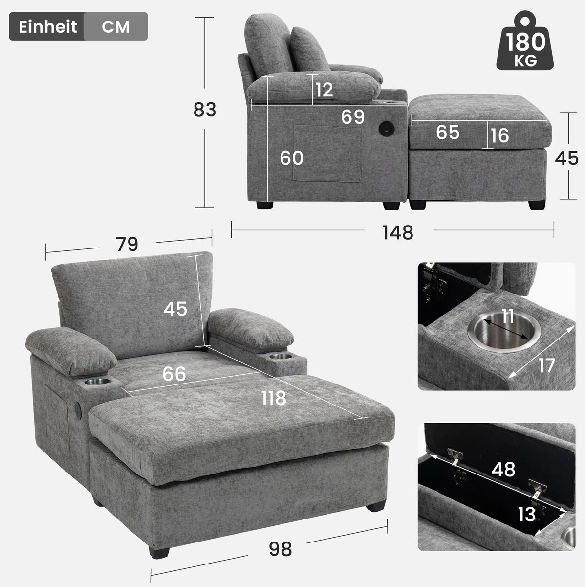 HAUSS SPOLE Chaise Longue - 1-Zits Loungestoel Met Bekerhouders En USB-Oplaadfunctie - Voo