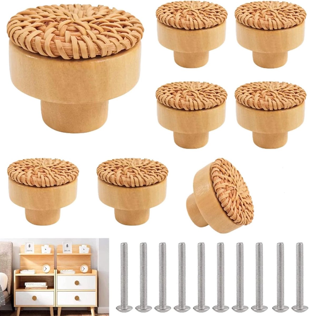 Rotan 8 stuks, 40 mm kastknoppen rotan commode ladeknoppen, meubelknoppen hout boho houten knoppen natuurlijke kastgrepen houten meubelgrepen, knoppen kast houten handgrepen voor kasten