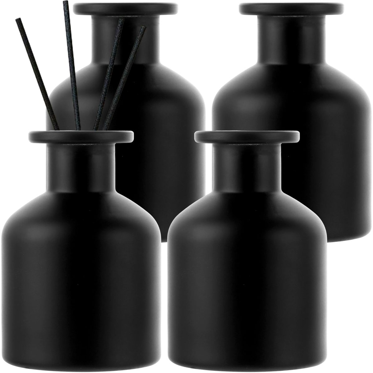 Set van 4 stuks zwarte glazen diffusorflessen, 150 ml matte glazen flessen, glazen flessen voor etherische olie, kamergeurfles, navulbare aromadirukfles, houder voor etherische oliën voor