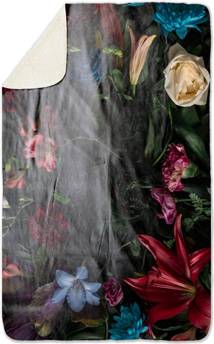 Fleecedeken Bloemen op zwarte achtergrond, 96x146cm, Polyester Sherpa, print deken, FD204987