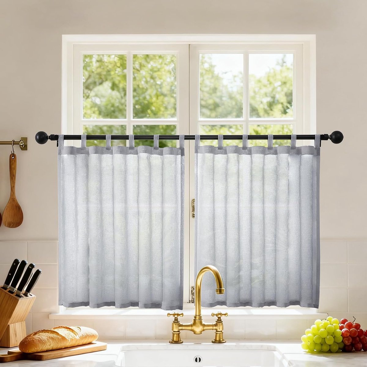 Vitrage met lussen voor keuken, 2 stuks, halftransparant, halfhoog, voor kleine ramen, woonkamer, slaapkamer, zolder, 60 x 90 cm, blauwgrijs