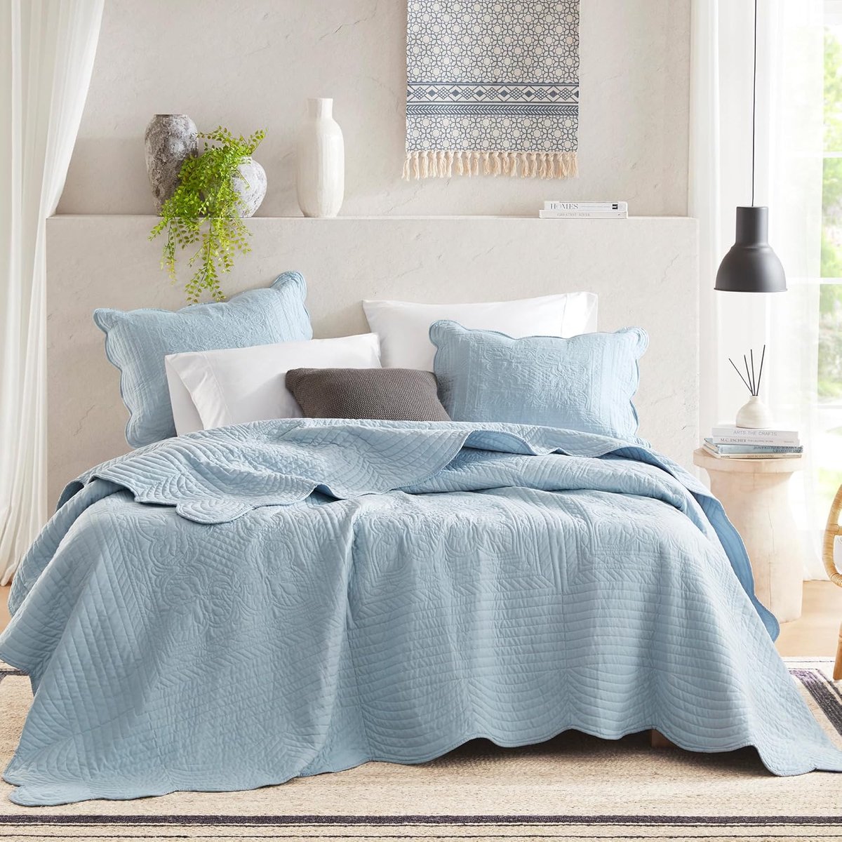 Park Dekbedset Damast Medaillon Quilten met Sint-Jakobsschelprand, Cottage Coverlet voor King Size Bed, Alle seizoenen, Lichtgewicht Katoenen Sprei, Shams, Toscane, King/Cal King Blue 3-delig