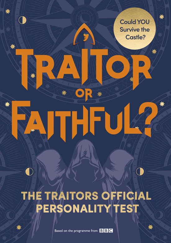 Boekomslag: Traitor or Faithful? The Traitors officiële persoonlijkheidstest, met drie figuren in mantels op blauw.