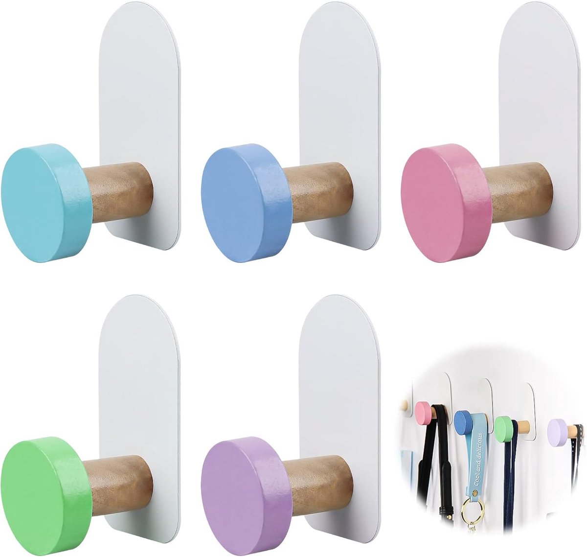 5 stuks kleurrijke wandhaken, handdoekhaken, wandhaken, zelfklevende haken, handdoekhouder zonder boren, wandhaken, garderobehaken voor badkamer, slaapkamer, keuken, woonkamer,