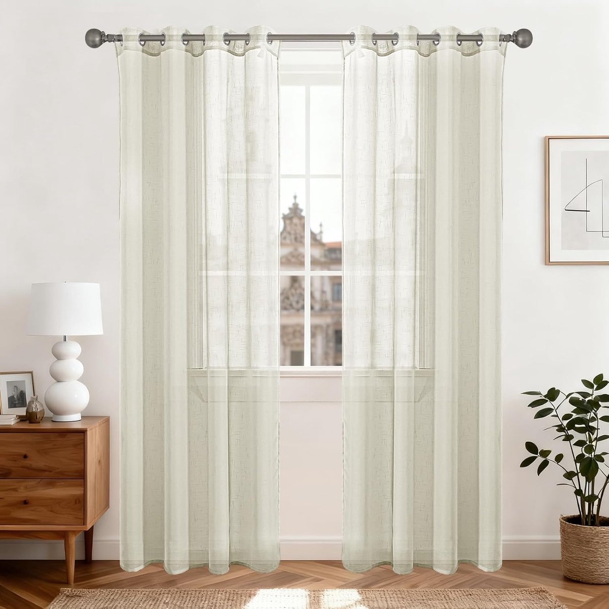 Halftransparant Gordijnen In Linnenlook Set Van 2, 140x225 CM, Vitragegordijnen Met Oogjes Voor Woonkamer Slaapkamer, Binnengordijnen Doorschijnend Raamgordijnen Transparante, Beige