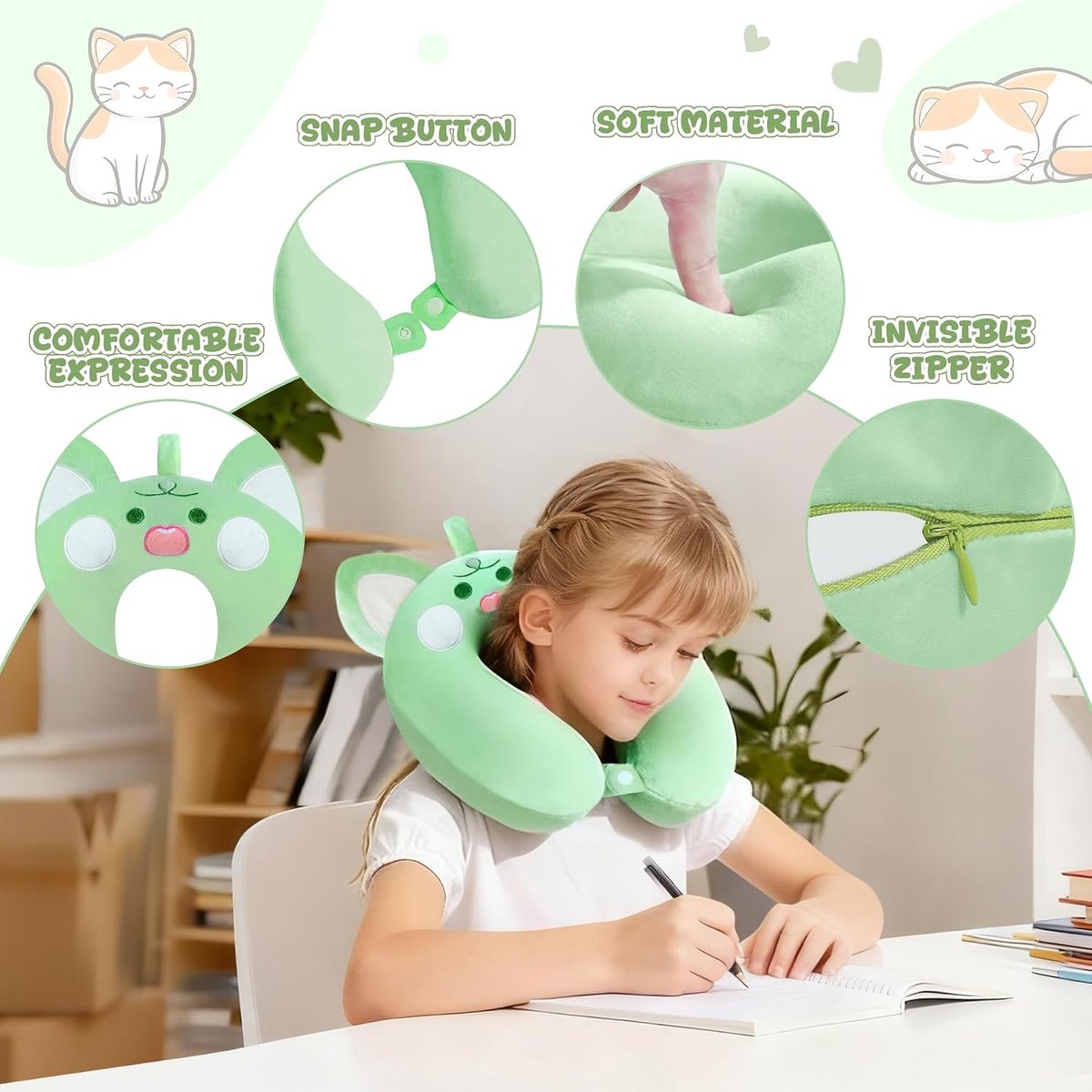 Reiskussen voor kinderen, visco-elastisch nekkussen van traagschuim, reiskussen voor de nek, nekkussen, schattig nekvliegtuig, voor vliegtuig, trein, auto, reizen