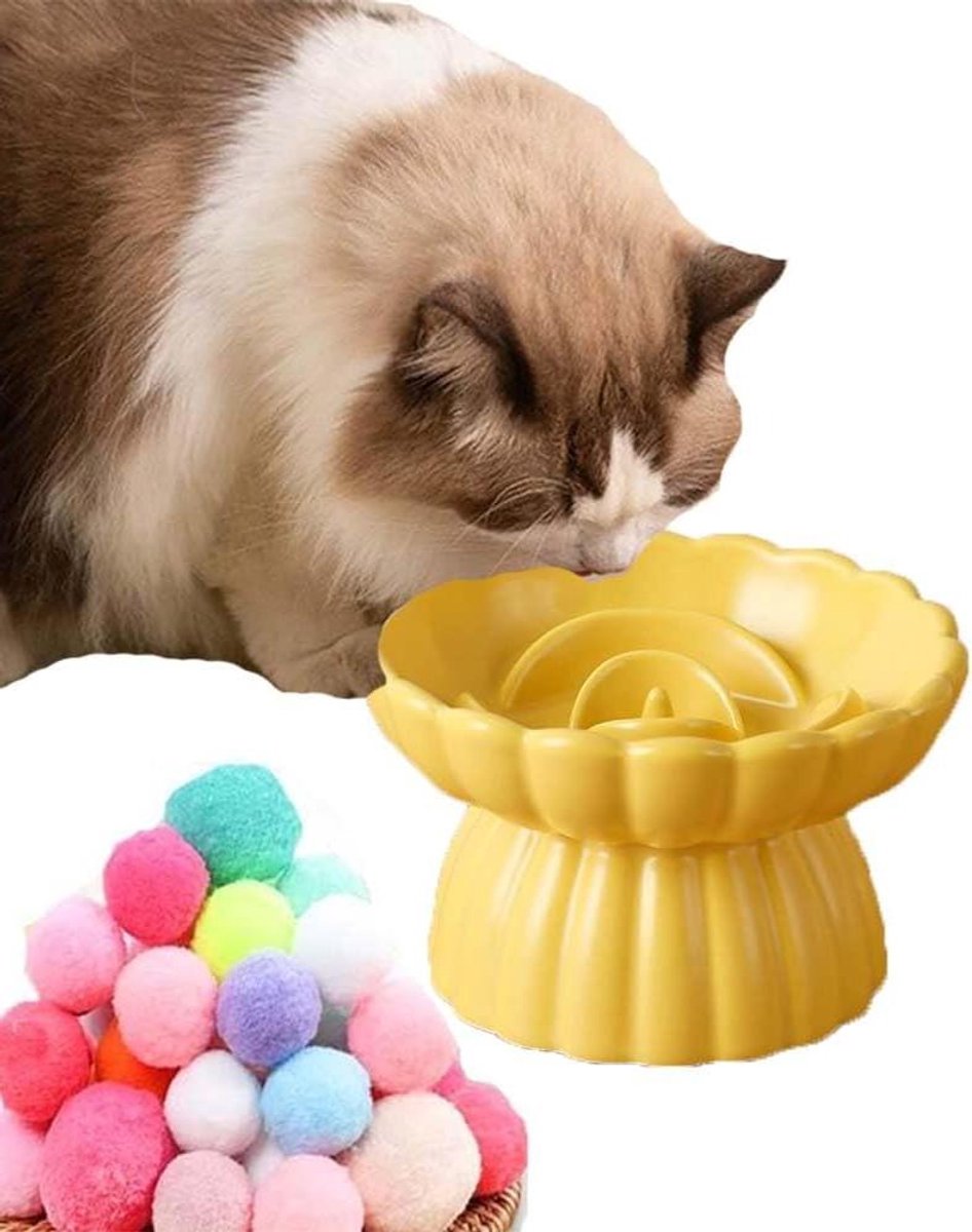 Keramische Kattenkom - Voerbak Verhoogd - Comfortabel Eten - Beschermt Nekwervels - 14 x 8.5 cm - Geel
