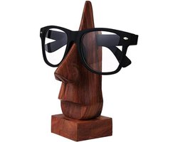 Brillenhouder Hout - Brilstandaard Neus - Bureau Decoratie - Handgesneden Sheesham - 15 cm Hoog - Houtkleur