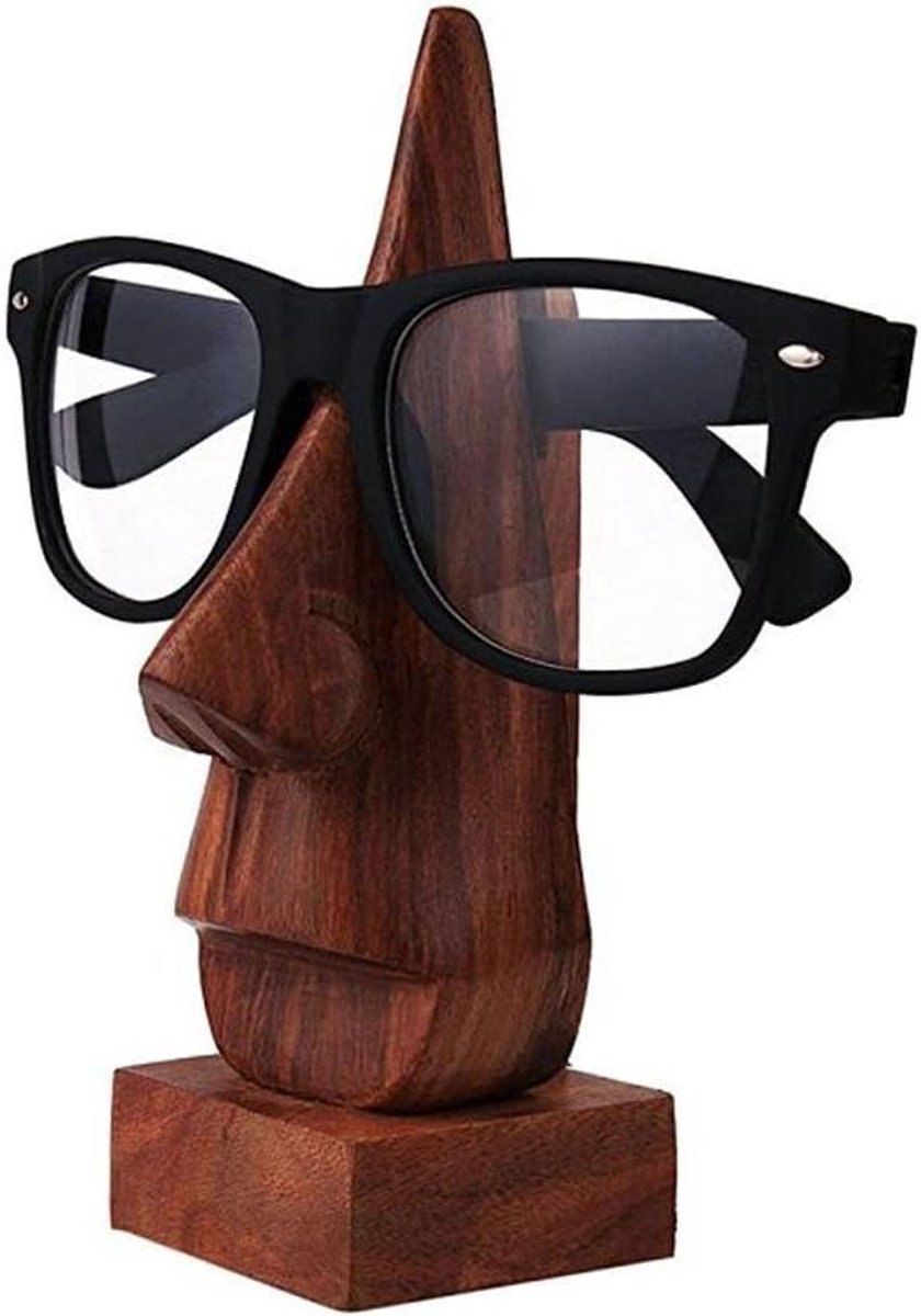 Brillenhouder Hout - Brilstandaard Neus - Bureau Decoratie - Handgesneden Sheesham - 15 cm Hoog - Houtkleur
