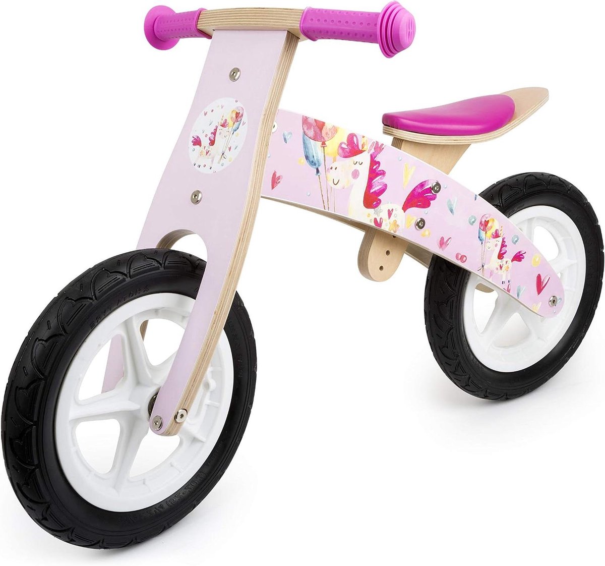 Houten Loopfiets - Kinderscooter Balansfiets - Kinderen Leren Fietsen - Verstelbaar Zadel - 57 cm Lengte - Roze