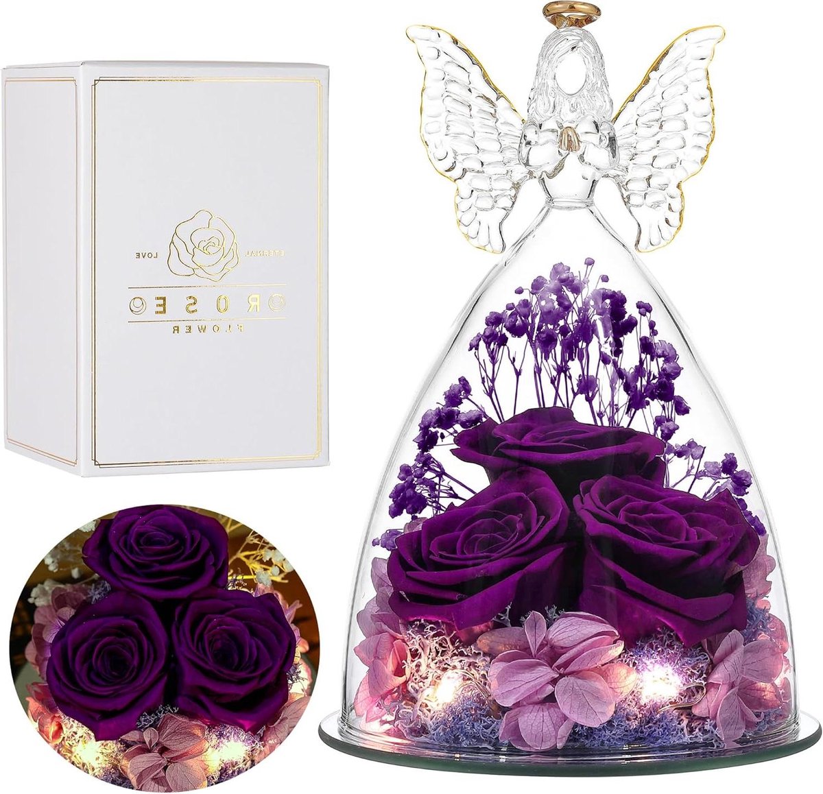 Glazen Engel Roos - Eeuwige Bloemen - Cadeau Geven - Echte Conservering - 11x11x17 cm - Paars