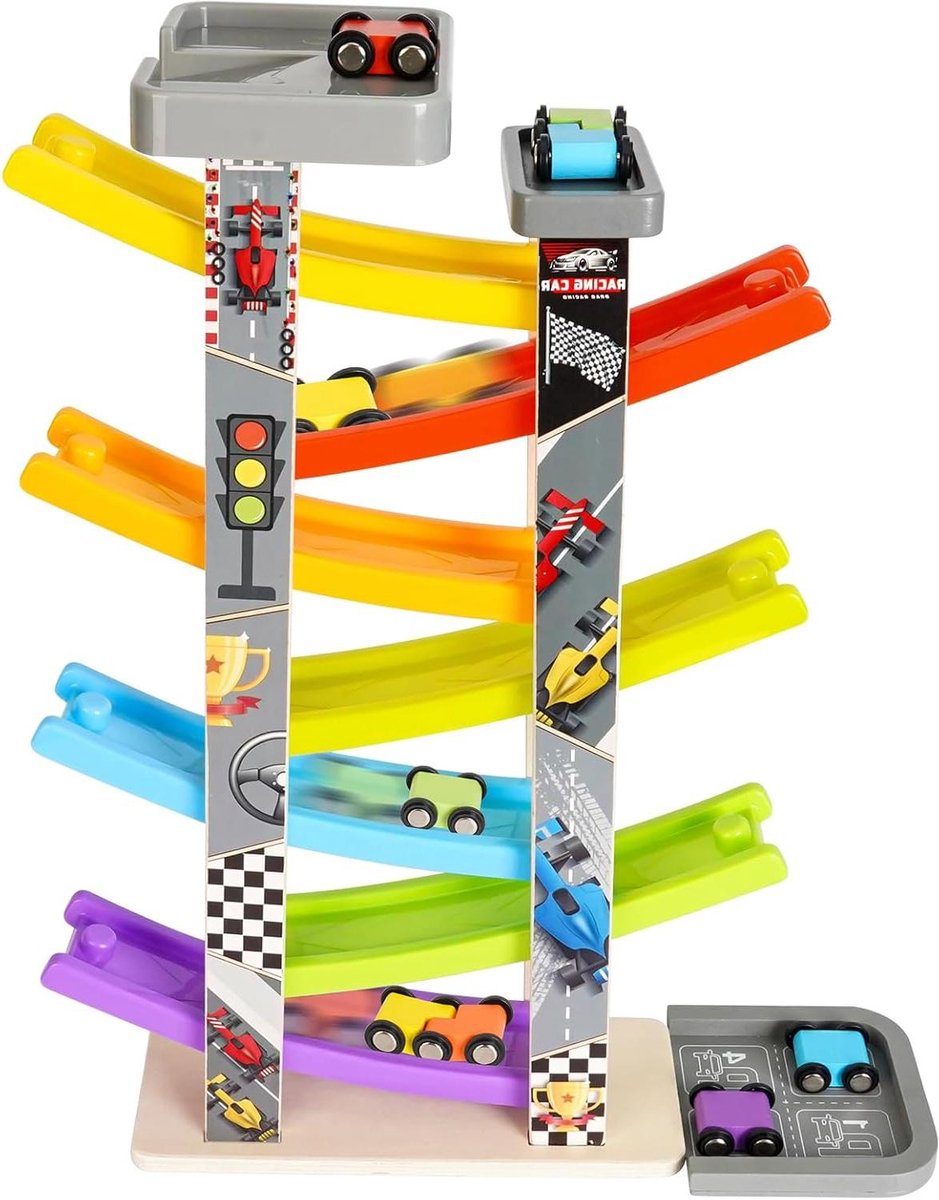 Houten Racebaan - Kogelbaan Speelgoed - Rollend Plezier - Zachte Kleuren - 7 Voertuigen - Multicolor