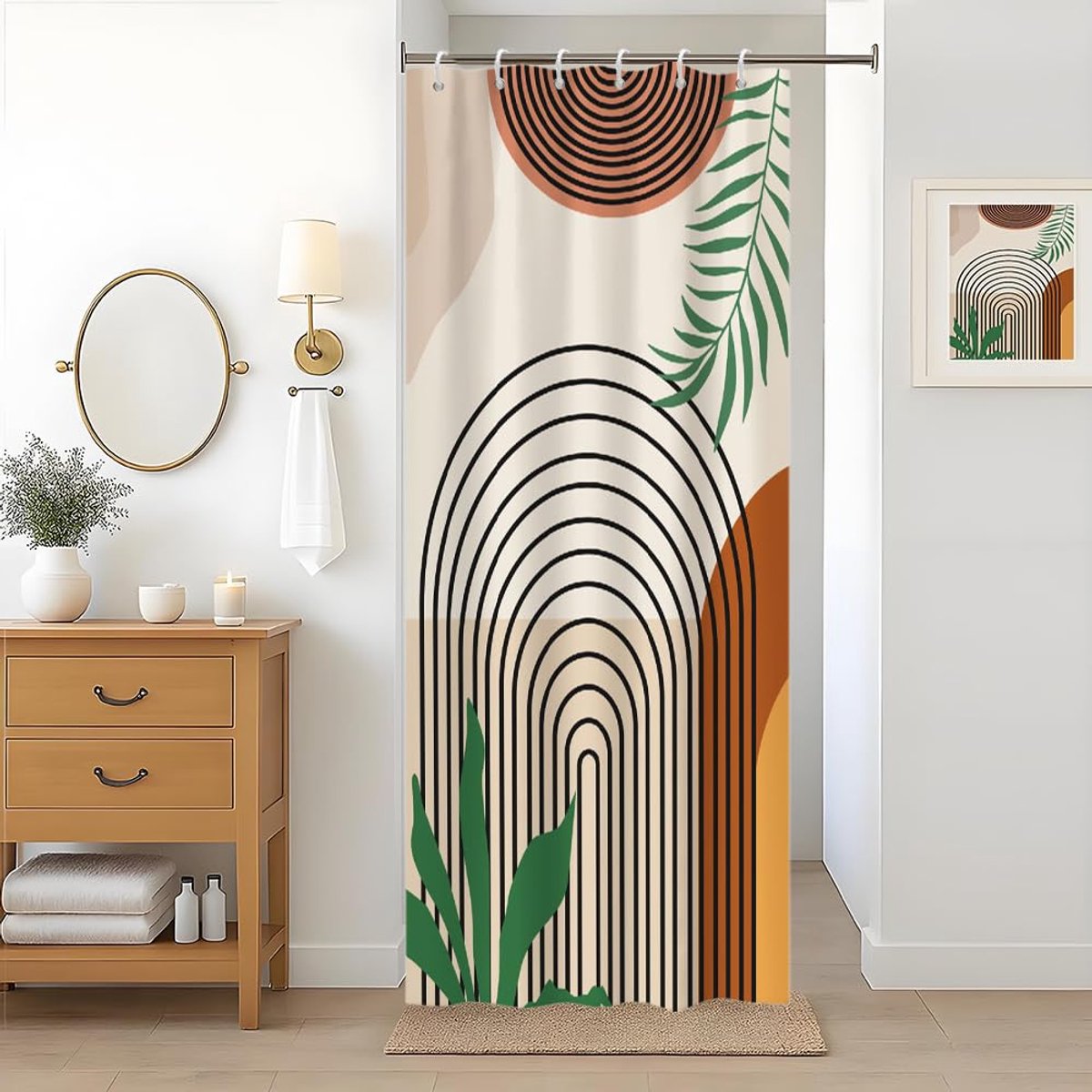 Douchegordijn, abstract, boho, midden van de eeuw, bogen, geometrisch motief,, strepen, anti-schimmel, waterdicht, polyester stof, wasbaar, badgordijn met 6 haken, 90 x 180 cm (b x h)