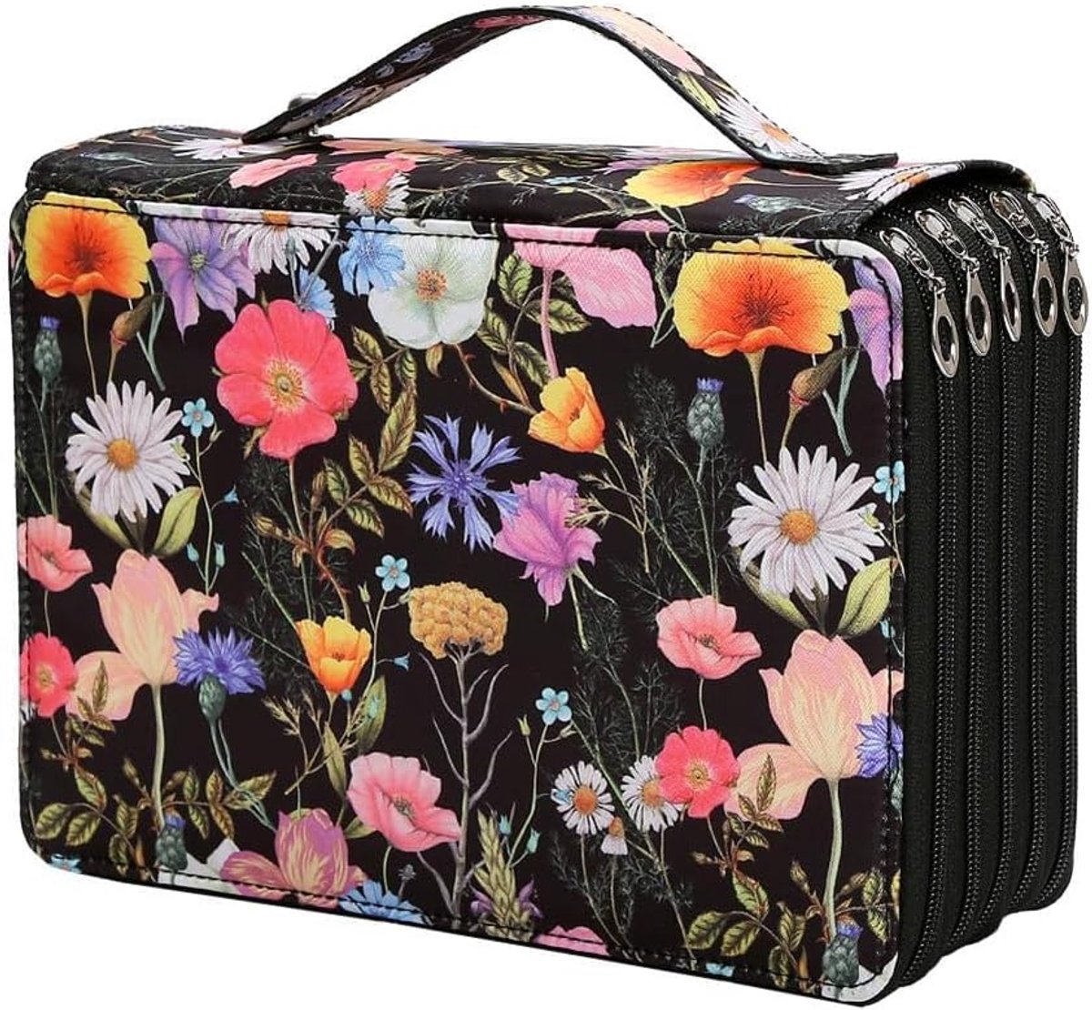 KZQ 5-Laags Potloodetui met Rits en Handvat – Opbergtas met Veel Vakjes voor Kunstenaars, Tekenen, Schilderen en Reizen – Zwart, 28x20x9 cm
