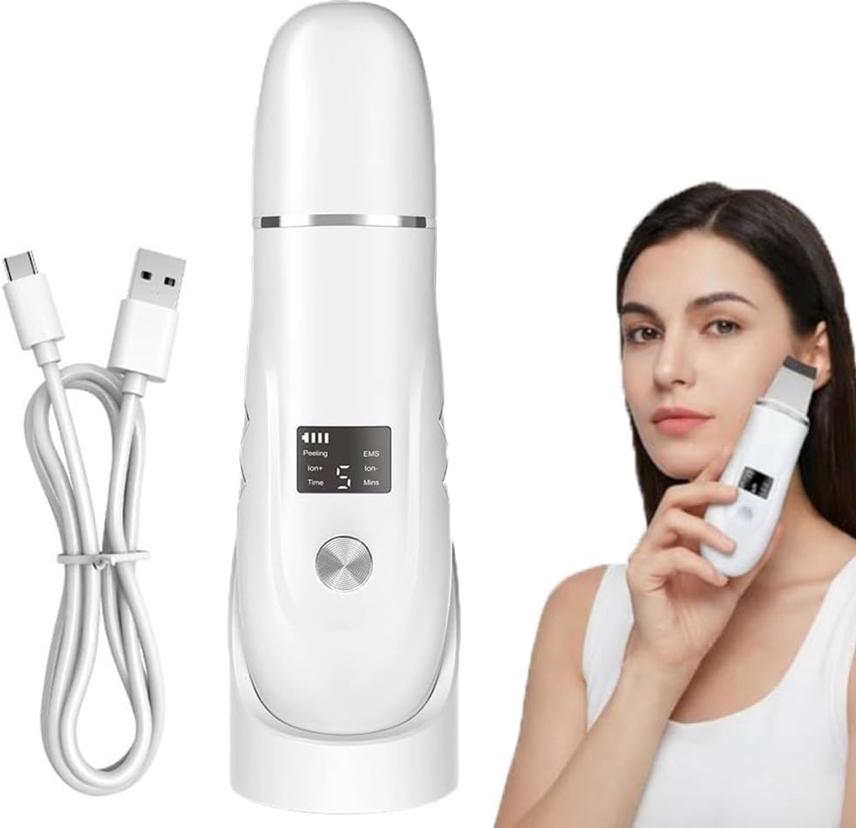 Ultrasoon huidreiniger, 4-in-1 gezichtsmee-eterzuiger, vibrerende exfoliant, gezichtsverzorging en mee-eterverwijdering.