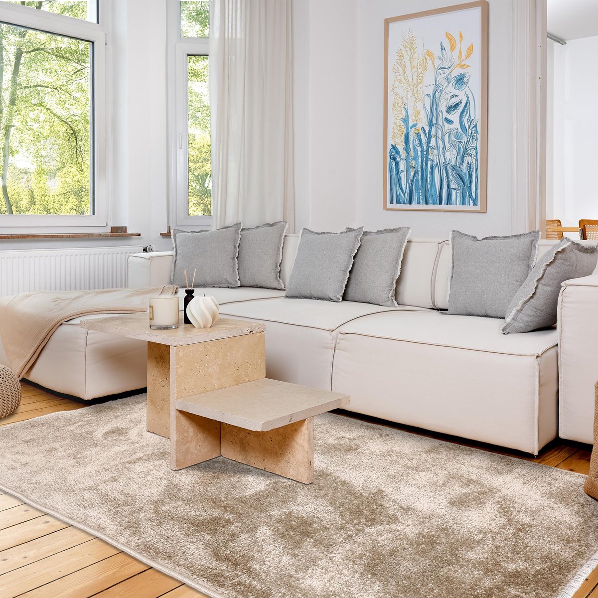Tapijt Woonkamer, Slaapkamer - Knuffelzacht kortpolig Vloerkleed - Eenkleurig platbinding voor binnen - Tapijt beige, 80 x 150 cm